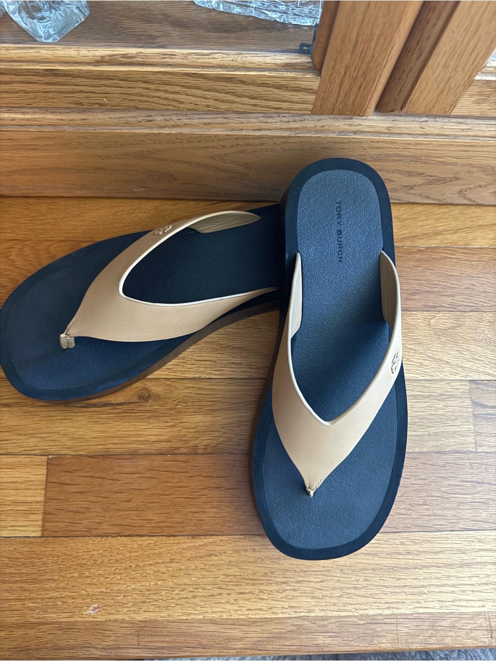 Tory Burch Black Footbed Platform Sandals with Tan Straps